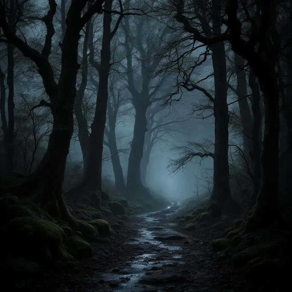 Nebliger dunkler Wald